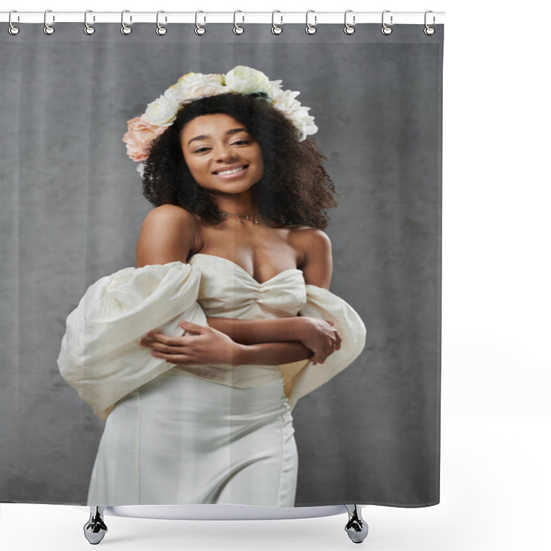 Personality  A Beautiful African American Bride Stands In A White Wedding Dress With A Floral Crown On A Grey Background. Shower Curtains