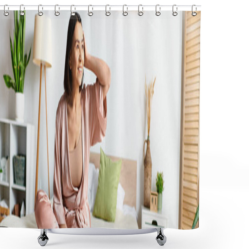 Personality  A Mature Woman In Cozy Homewear Relaxing On A Bed In A Room. Shower Curtains