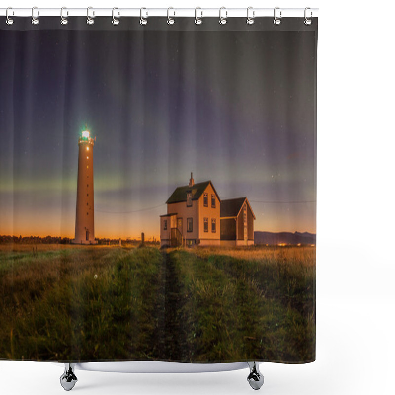 Personality  Northern Lights (Aurora Borealis) Over Lighthouse Seaside In Winter Shower Curtains