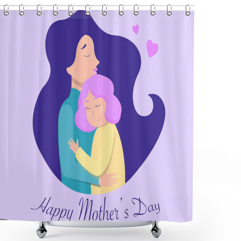 Personality  Illustration Of Smiling Mother And Daughter Hugging Near Happy Mothers Day Lettering  Shower Curtains