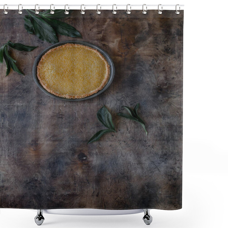 Personality  Top View Of Tasty Lemon Pie And Leaves On Wooden Table Shower Curtains