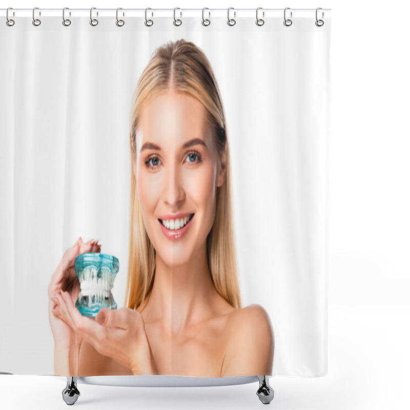 Personality  Naked Smiling Woman With White Teeth Holding Jaw Model Isolated On White Shower Curtains