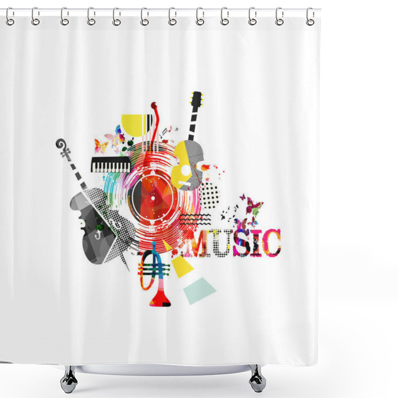 Personality  Abstract Musical Instruments On White Background, Musical Banner Shower Curtains