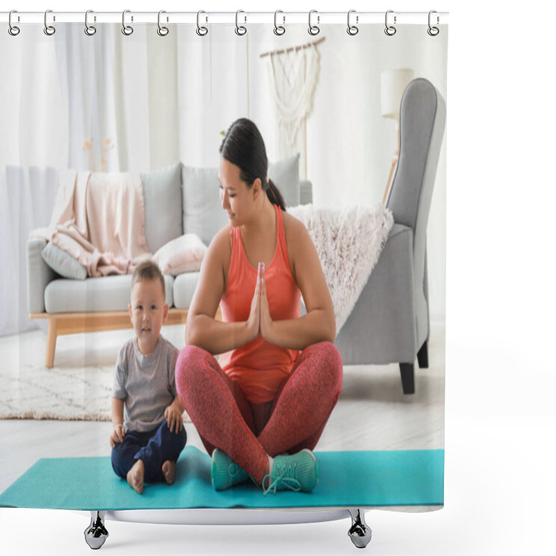 Personality  Asian Mother With Cute Baby Boy Practicing Yoga At Home Shower Curtains