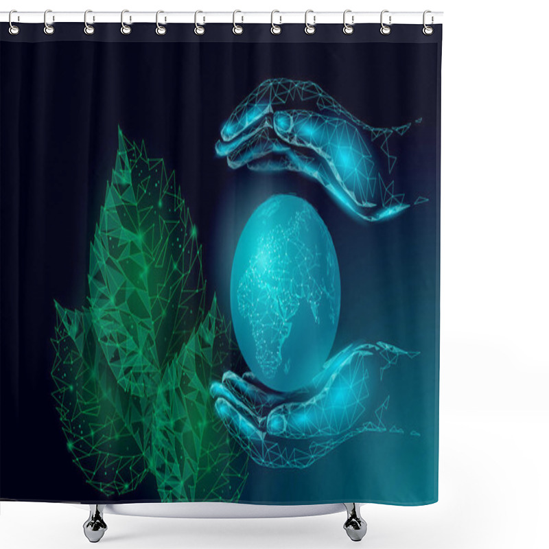 Personality  Plant Tree Ecological Abstract Concept. 3D Render Seedling Leaves. Save Planet Earth Hands Nature Environment Grow Life Eco Polygon Triangles Low Poly Vector Illustration Shower Curtains