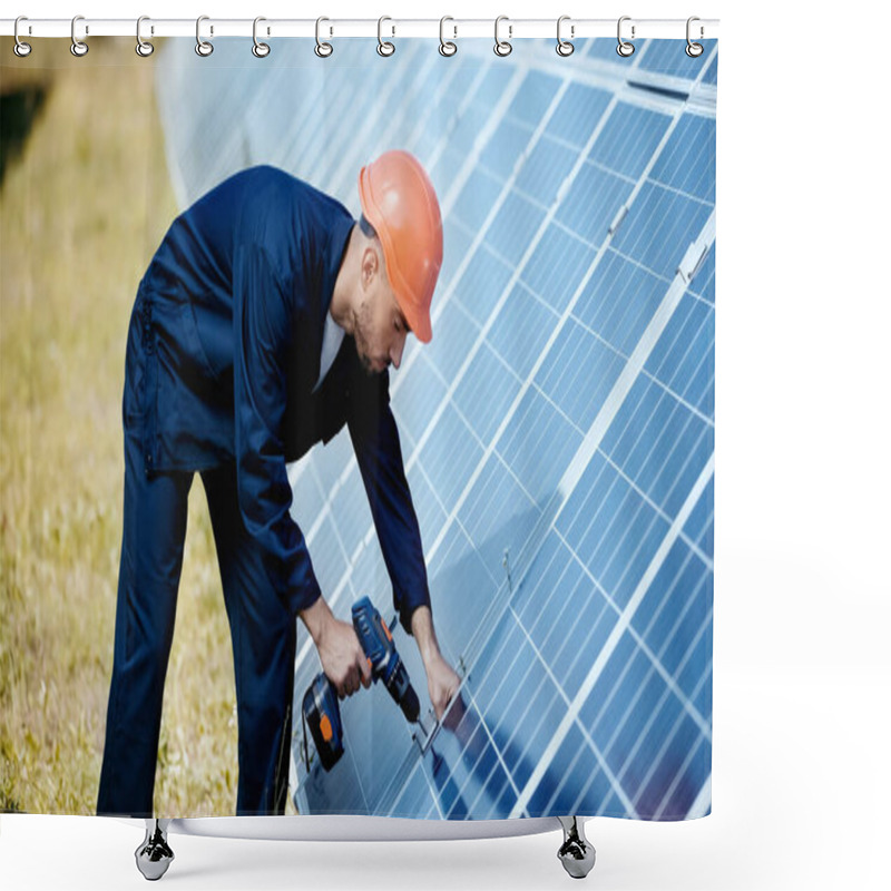 Personality  Engineer In Hardhat Using Electric Drill Near Modern Solar Panels Shower Curtains