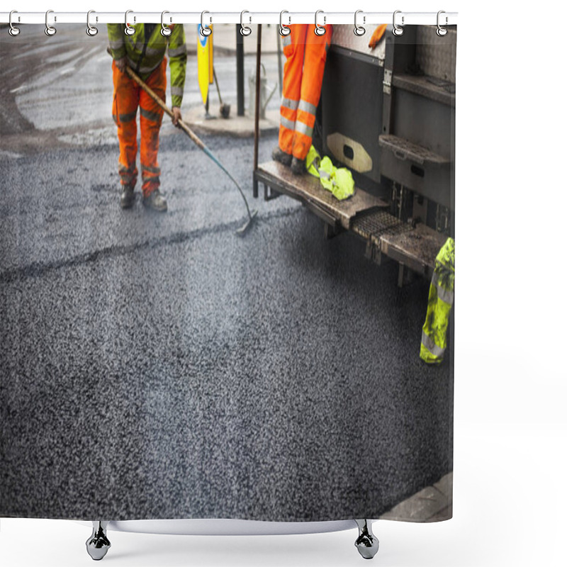 Personality  A Roadworks On The Street New Asphalt With Worker Shower Curtains