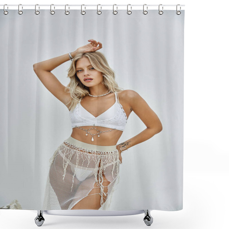 Personality  A Young Woman With Blonde Hair Wears A White Crocheted Top And Matching Skirt, Posing Against A Grey Backdrop. Shower Curtains