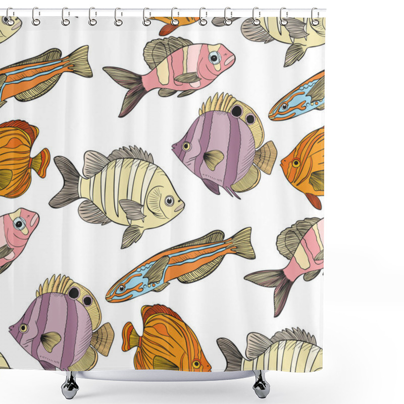 Personality  Seamless Pattern With Hand Drawn Sea Fishes. Cartoon Ocean Life Background. Sea Animals Texture. Vector Illustration Shower Curtains