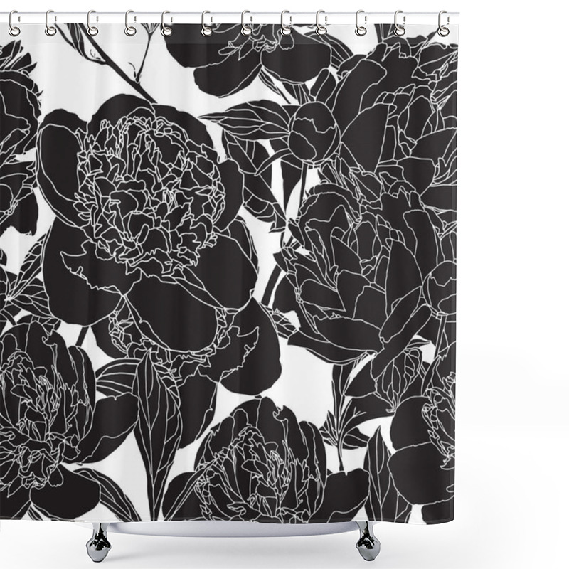 Personality  Elegance Seamless Pattern With Flowers Peon, Black And White Vector Floral Illustration In Vintage Style Shower Curtains