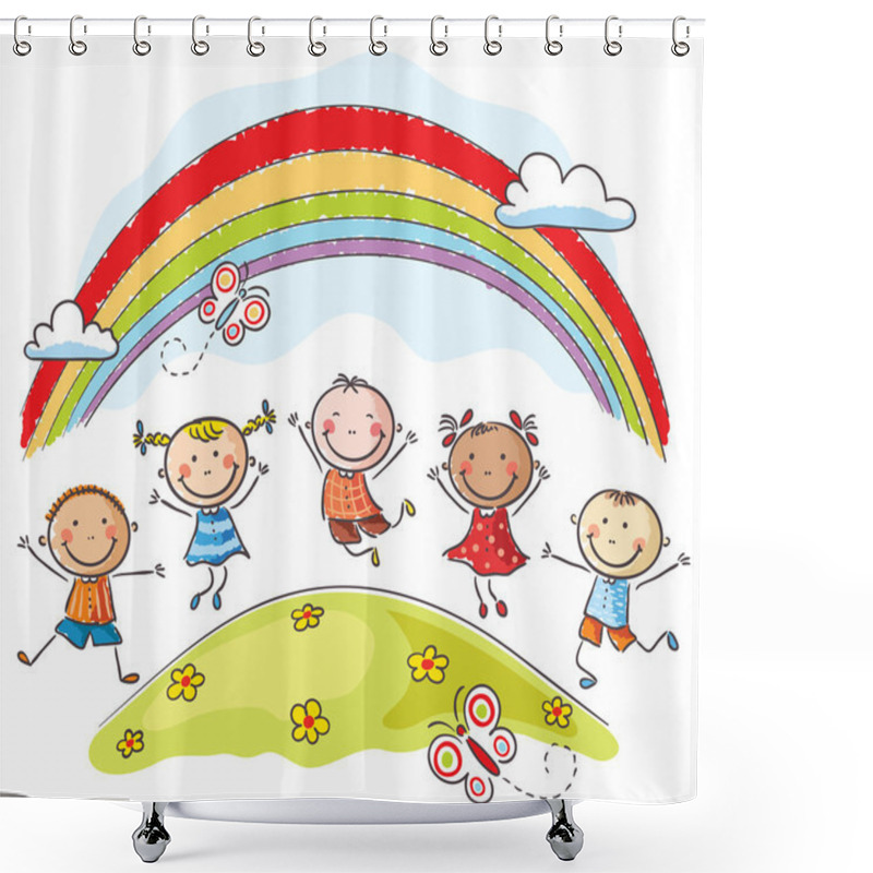 Personality  Kids Jumping With Joy Underneath A Rainbow Shower Curtains