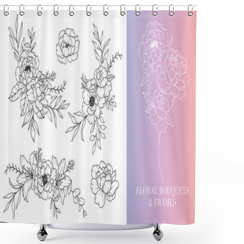 Personality  Peony Line Drawing. Floral Frames And Bouquets. Floral Line Art. Fine Line Peony Frames Hand Drawn Illustration. Hand Drawn Outline Magnolias. Botanical Coloring Page. Peony Isolated Shower Curtains