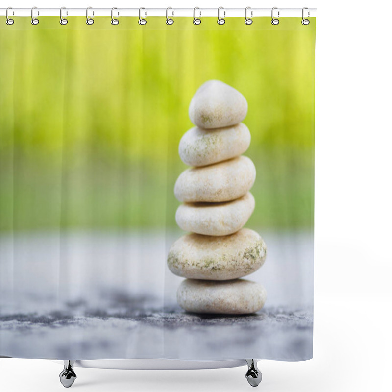 Personality  Balance Stones Stacked To Pyramid In The Soft Green Background To Spa Ideas Design Or Freedom And Stability Concept On Rocks. Shower Curtains