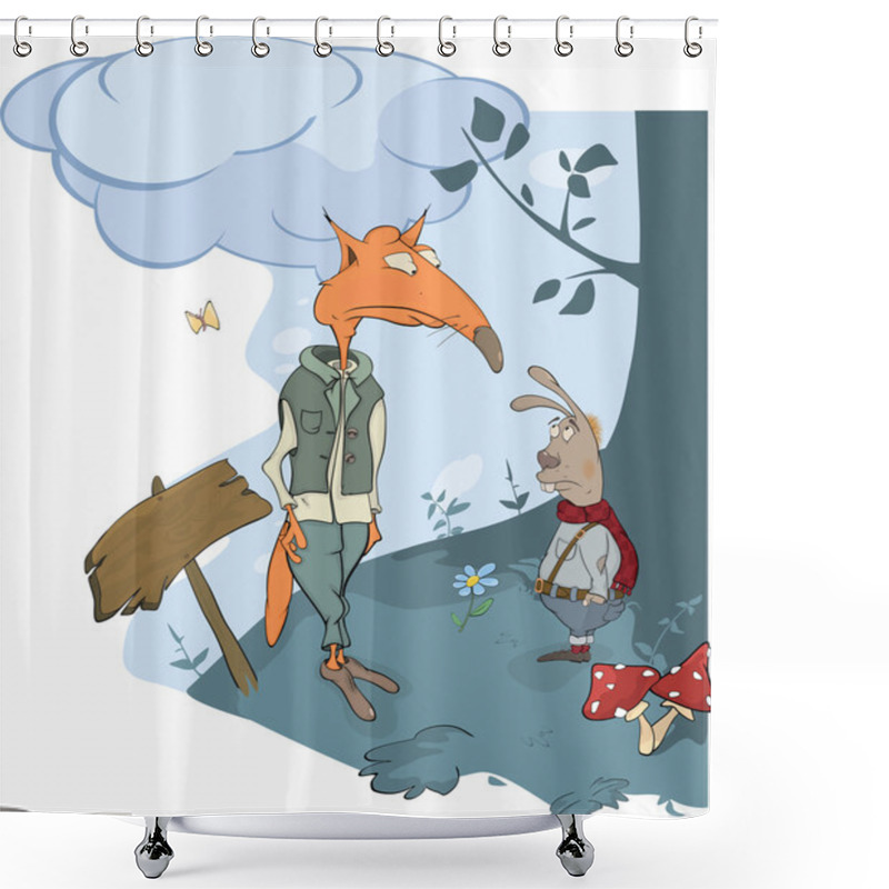 Personality  Foxes And A Rabbit. A Meeting In Wood Shower Curtains