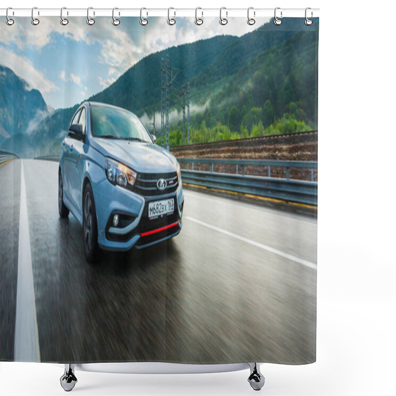 Personality  Sochi, Krasnodar Region, Russia - September 01, 2018: He New Prestigious LADA Vesta Sport Car On High-speed Roads Of Russian Federation. Presentation The New Vehicle Production Of AVTOVAZ  Shower Curtains