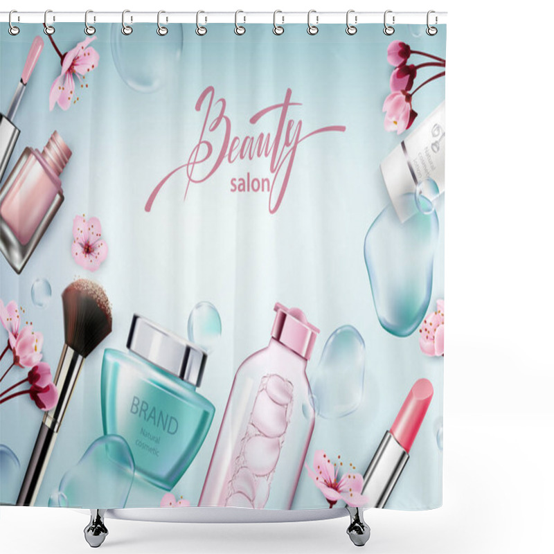 Personality  Beauty Cosmetic Makeup Background. Fashion Woman Make Up Product, Brushes, Lipstick, Nail Polish Collection. Cosmetology Make-up Accessories Banner, Top View. Shower Curtains