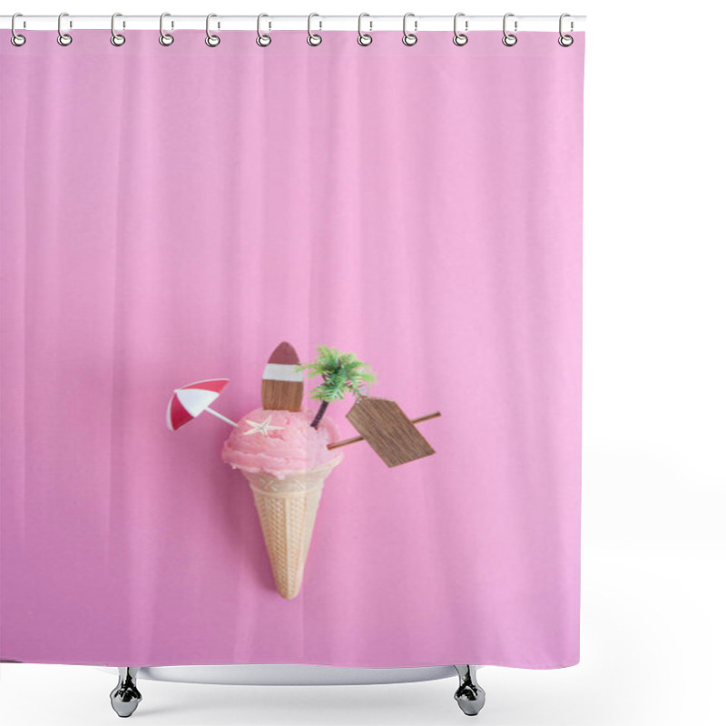 Personality  Beach Sign, Parasol, Surfboard And Pine Tree Inside A Strawberry Icecream Cone With Background Space Shower Curtains