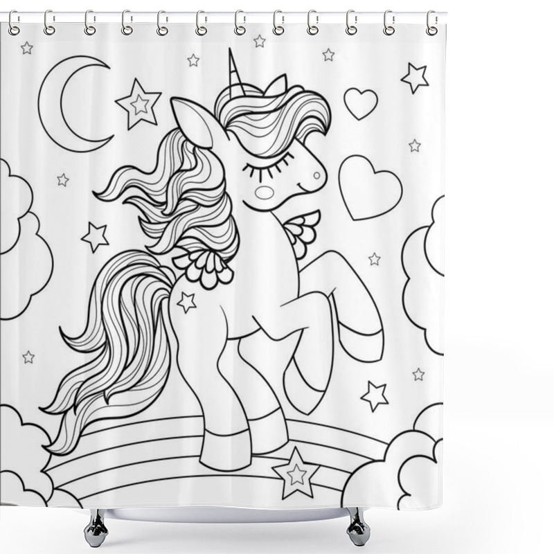 Personality  Cute Little Unicorn On A Rainbow. Black And White Line Drawing. Mythical Animal. For Children's Design Of Coloring Books, Prints, Posters, Stickers, Postcards, Etc. Vector Illustration Shower Curtains