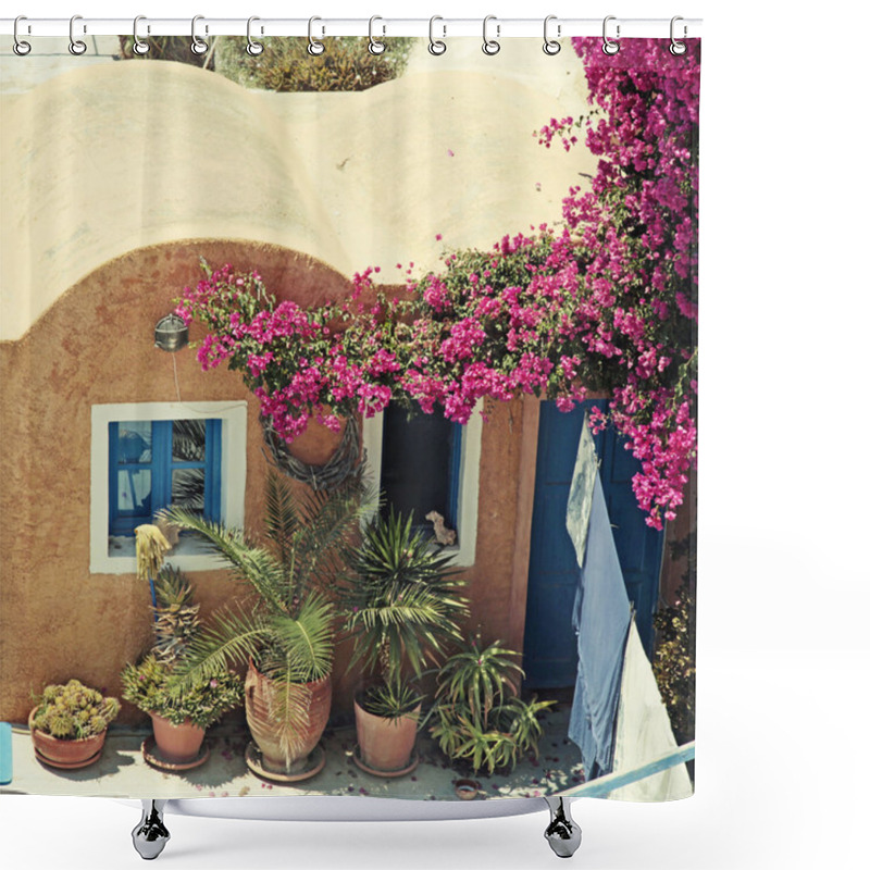 Personality  Greek Red Building With Patio And Flowers, Santorini Island, Greece Shower Curtains