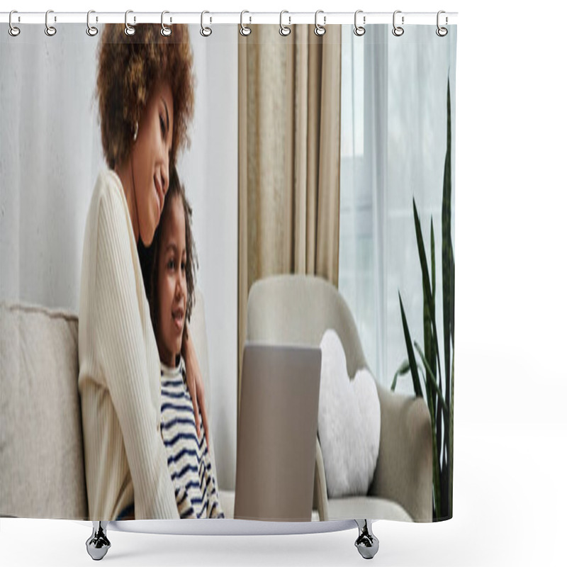 Personality  A Happy African American Mother And Daughter Sitting On A Couch, Engaging With A Laptop Together. Shower Curtains