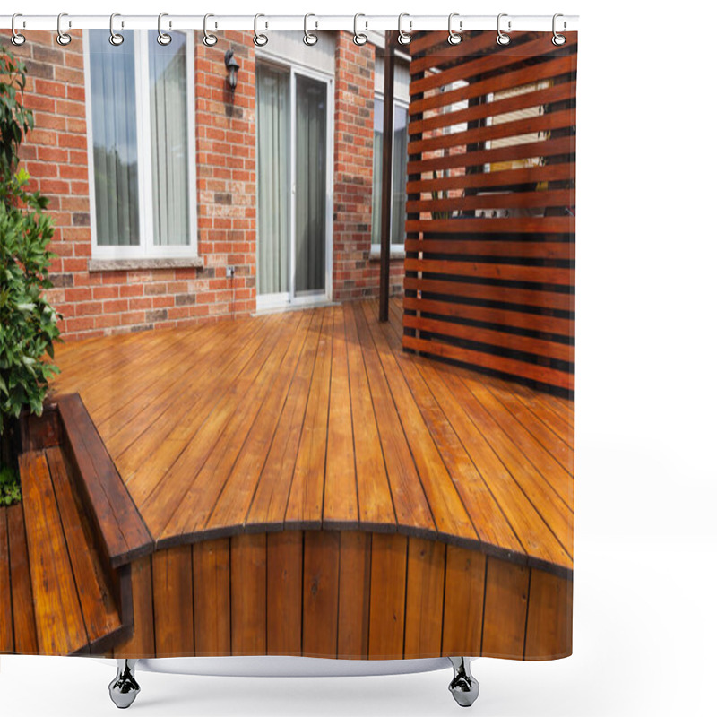 Personality  Backyard Wooden Deck Floor Boards With Fresh Brown Stain, Angled View Shower Curtains