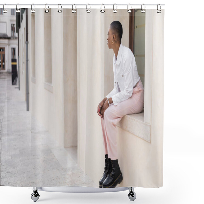 Personality  Side View Of Stylish African American Woman Sitting On Windowsill Of Building On City Street In Treviso Shower Curtains