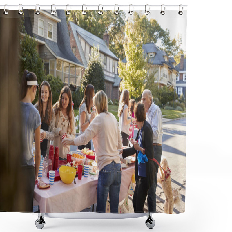 Personality  Neighbours Talk Standing Around A Table At A Block Party Shower Curtains