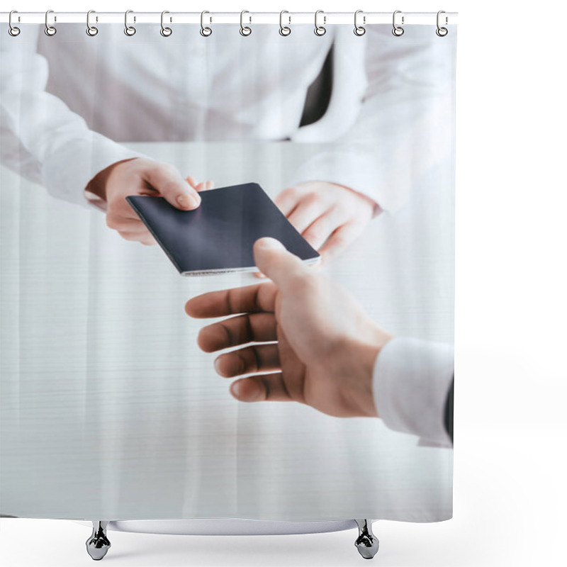 Personality  Cropped View Of Female Travel Agent Giving Passport To Tourist  Shower Curtains