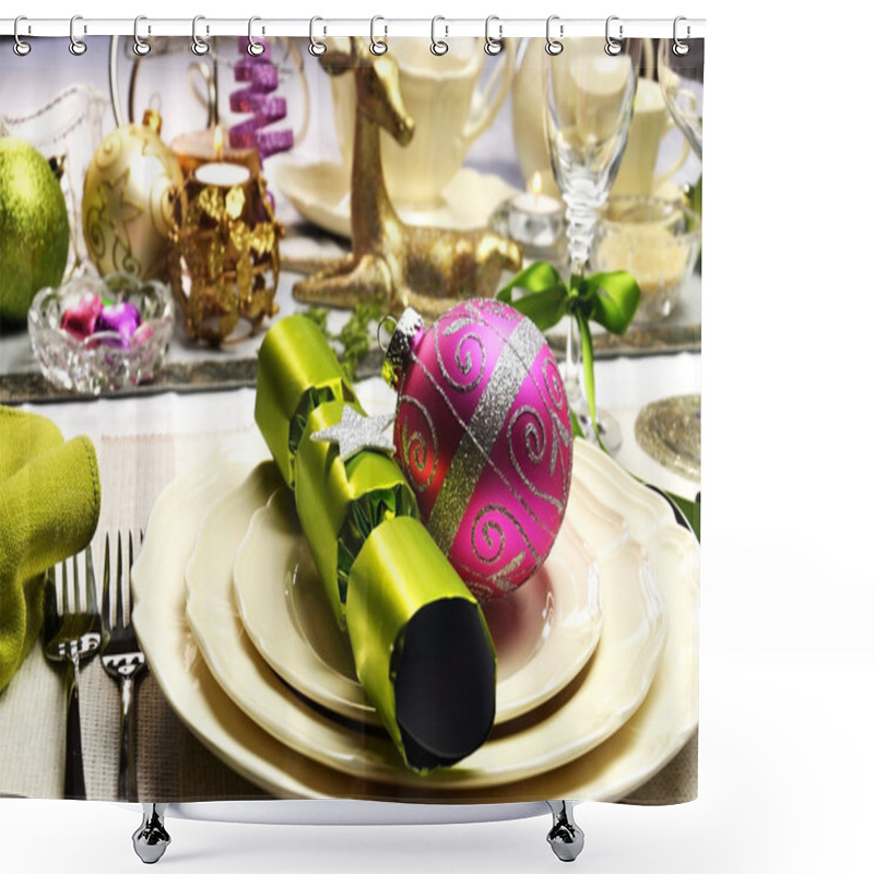 Personality  Lime Green And Pink Festive Christmas Table Setting Closeup Shower Curtains