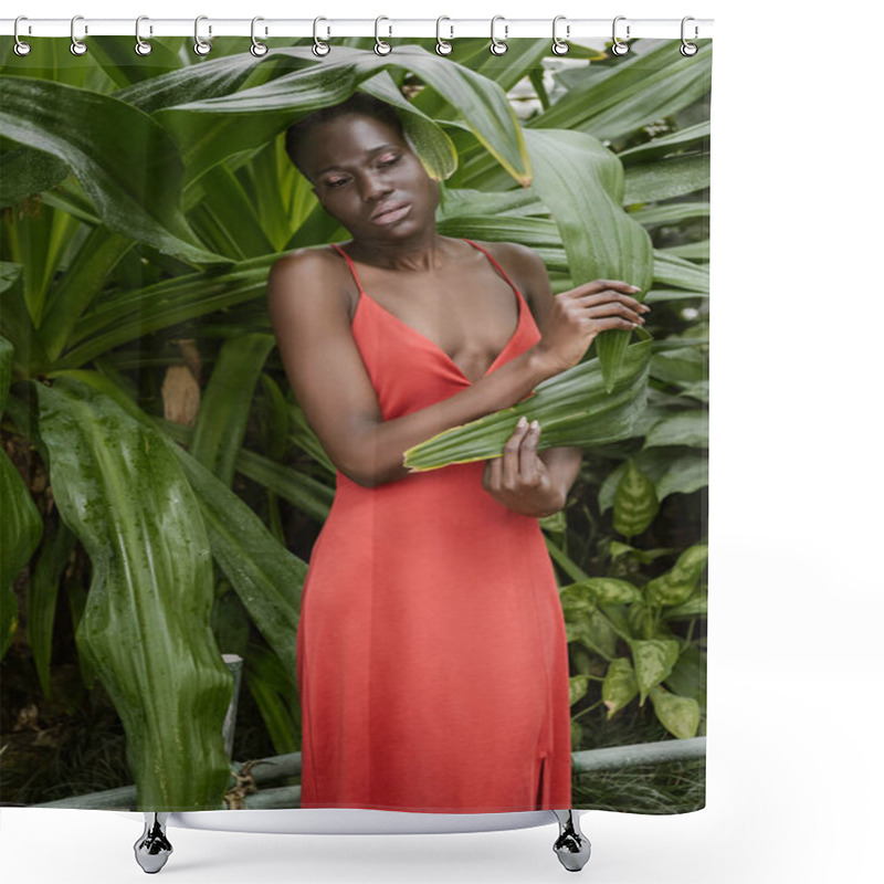 Personality  Beautiful African American Woman Posing In Red Dress In Tropical Garden Shower Curtains