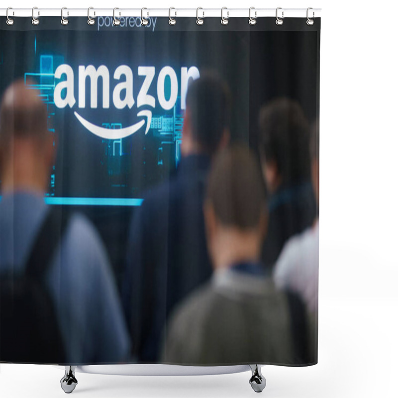 Personality  Bucharest, Romania. 9th Nov, 2023: The Logo Of The American Multinational E-commerce Company Amazon Is Displayed On A Stage At GoTech World, IT & Digital Expo-conference. Shower Curtains