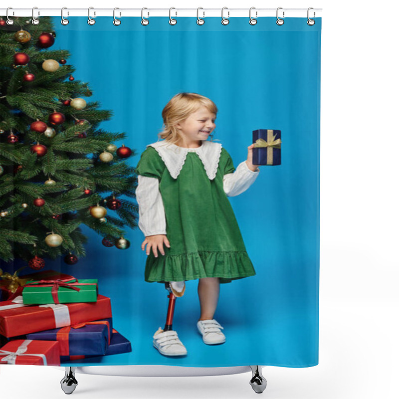 Personality  Positive Little Girl With Prosthetic Leg Holding Wrapped Present Next To Christmas Tree On Blue Shower Curtains