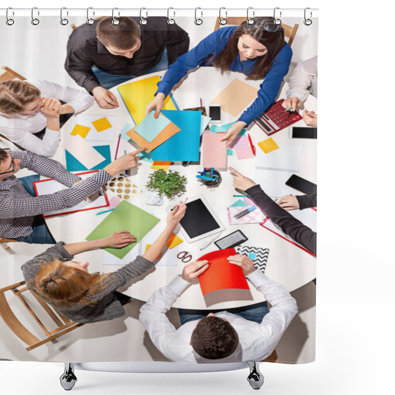 Personality  Team Sitting Behind Desk, Checking Reports, Talking. Top View Shower Curtains