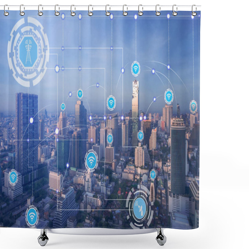 Personality  Smart City Wireless Communication Network With Graphic Showing Concept Of Internet Of Things ( IOT ) And Information Communication Technology ( ICT ) Against Modern City Buildings In The Background. Shower Curtains