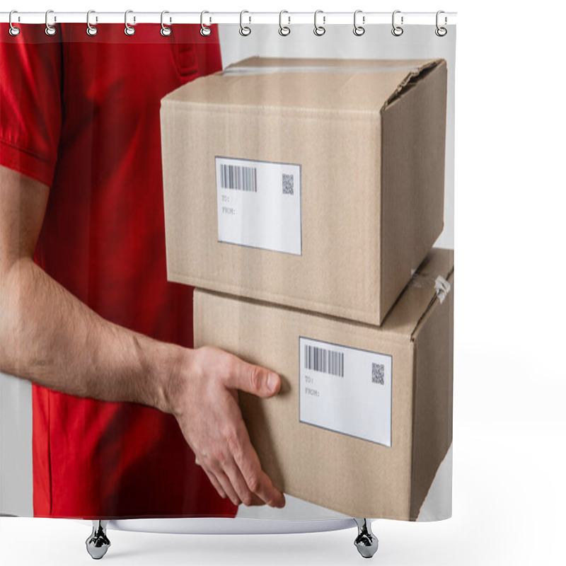 Personality  Cropped View Of Delivery Man Holding Packages With Qr Codes And Barcodes On Cards Isolated On Grey Shower Curtains