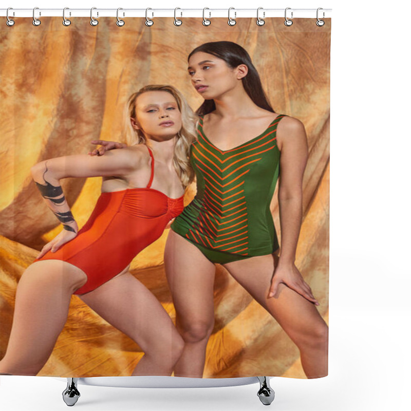 Personality  Multiethnic Women In Swimwear Posing Together On Beige Backdrop With Drapery, Diversity And Fashion Shower Curtains