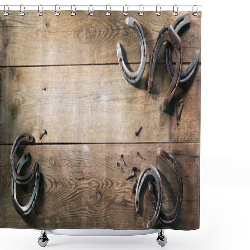 Personality  Old Rusty Horse Shoes Lying On A Wooden Barn Floor Shower Curtains