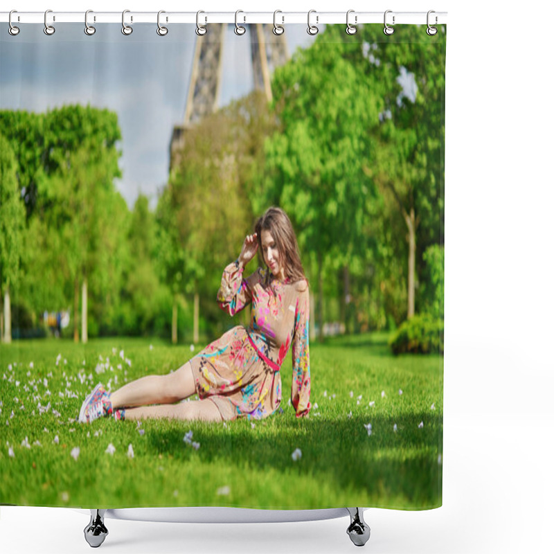 Personality  Beautiful Young Woman Near The Eiffel Tower Shower Curtains