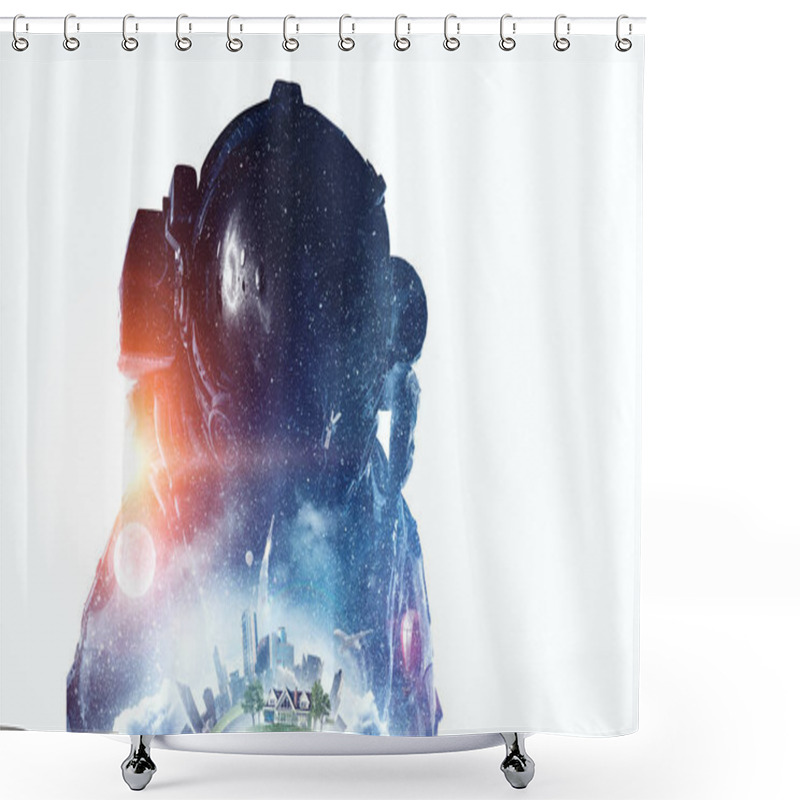 Personality  Spaceman On White. Mixed Media Shower Curtains