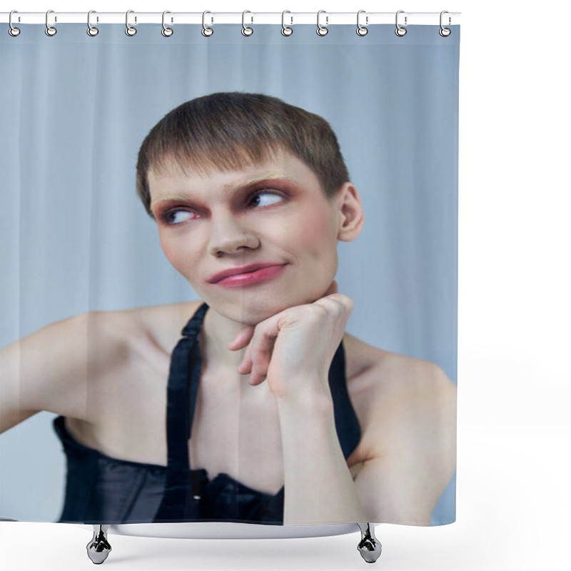 Personality  Queer Person With Makeup Looking Away On Grey, Androgynous Model, Self Expression, Skeptical Shower Curtains