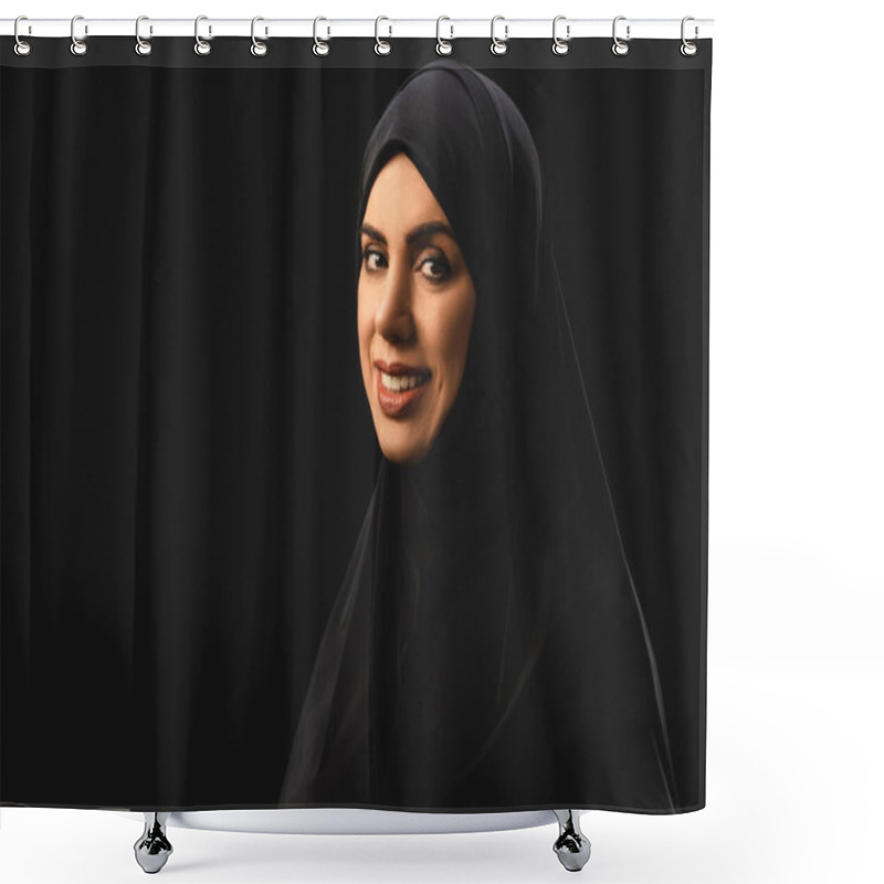 Personality  Beautiful Muslim Woman In Hijab Smiling At Camera Isolated On Black  Shower Curtains