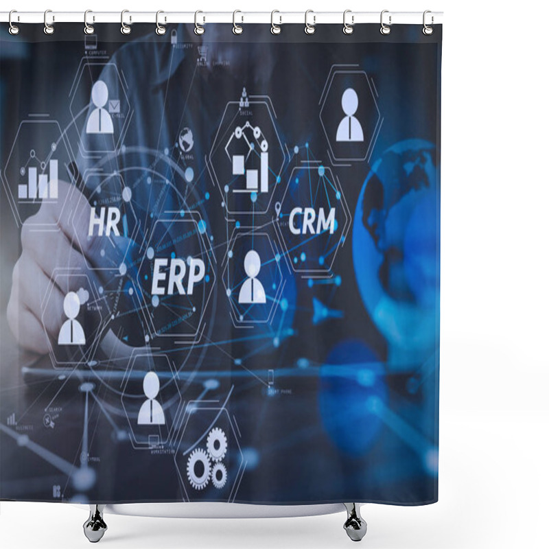 Personality  Architecture Of ERP (Enterprise Resource Planning) System With Connections Between Business Intelligence (BI), Production, CRM Modules And HR Diagram.businessman Hand Working With Modern Digital Tablet Computer. Shower Curtains