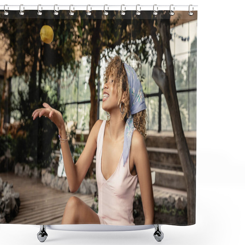 Personality  Cheerful Young African American Woman With Braces Wearing Headscarf And Summer Dress While Throwing Ripe Lemon And Sitting In Blurred Garden Center, Chic Woman In Tropical Garden, Summer Concept Shower Curtains