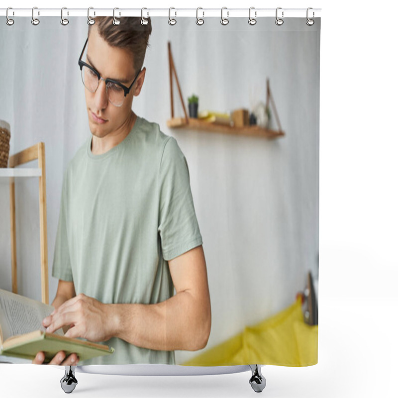 Personality  Attractive Student In His 20s With Brown Hair And Vision Glasses In Living Room Reading Book Shower Curtains