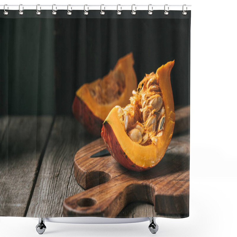 Personality  Close Up View Of Raw Pumpkin Halves On Cutting Board On Wooden Tabletop Shower Curtains