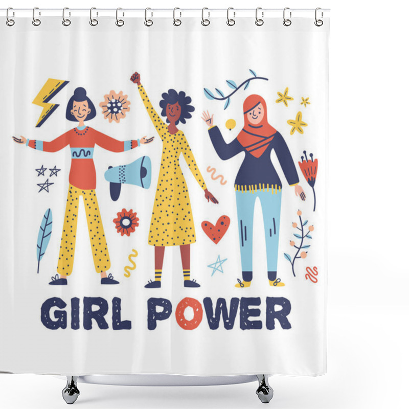 Personality  Set Of Multicultural Women. Concept Of Gender Equality, Feminism, Diverse, Equality Movement. Vector Illustration: Women, Text - Girl Power. International Women's Day. Perfect For Card, Poster, Web Shower Curtains