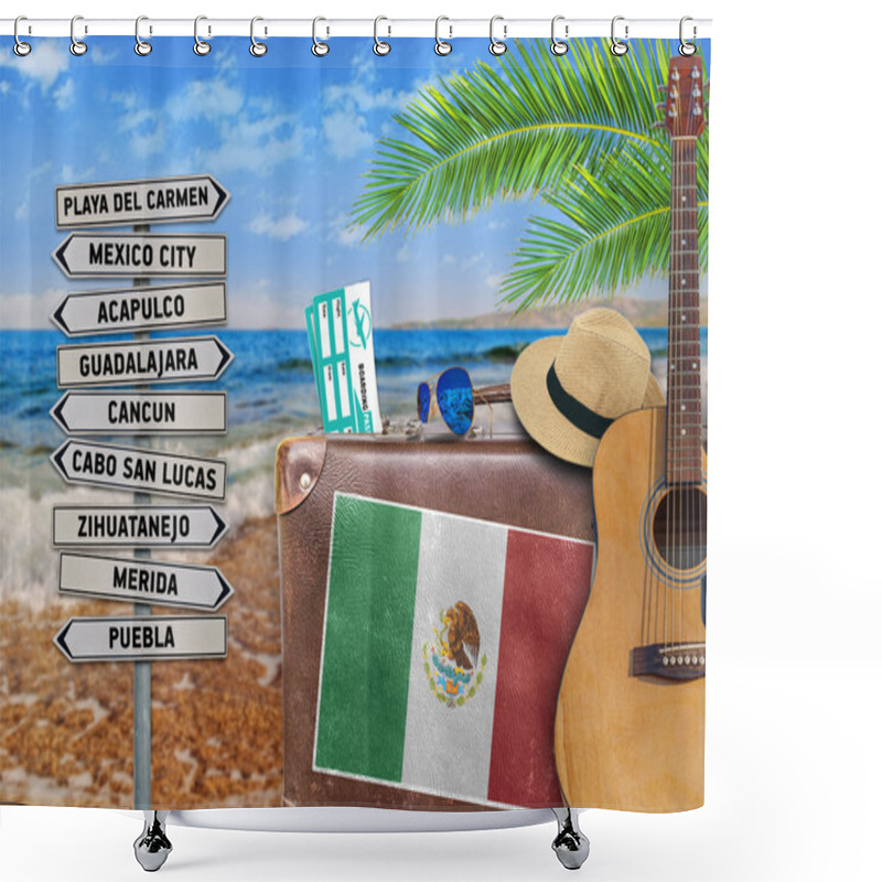 Personality  Concept Of Summer Traveling With Old Suitcase And Mexico Town Sign Shower Curtains