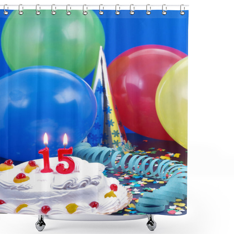 Personality  Birthday Cake With Red Candles Showing Nr. 15 Shower Curtains