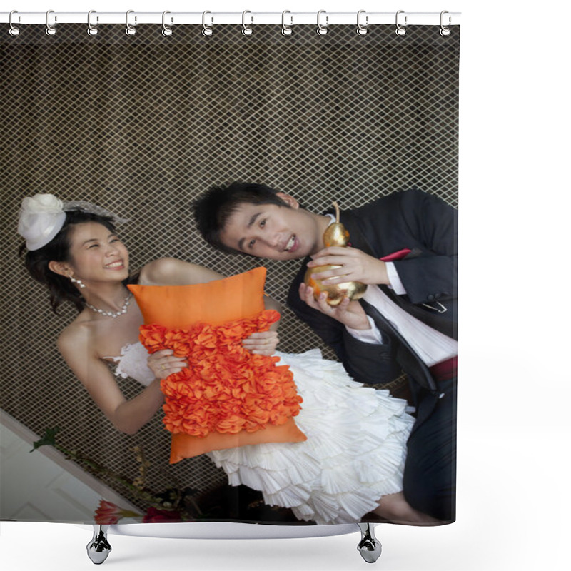 Personality  Happy Face Of Groom And Bride In Wedding Suit At Home Shower Curtains