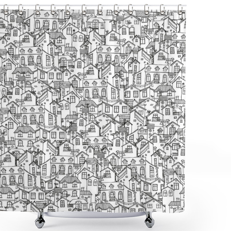 Personality  Pattern With Hand Drawn Doodle Houses. Illusttration With Cute House. Line House Drawing. Samless Background In Black And White. Vector Shower Curtains